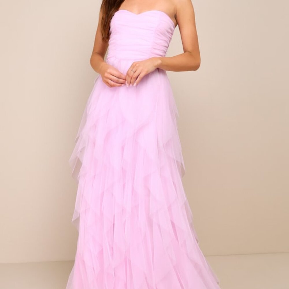 Lulus Delightful Beauty Pink Mesh Strapless Ruched Ruffled Maxi Dress - Size XL